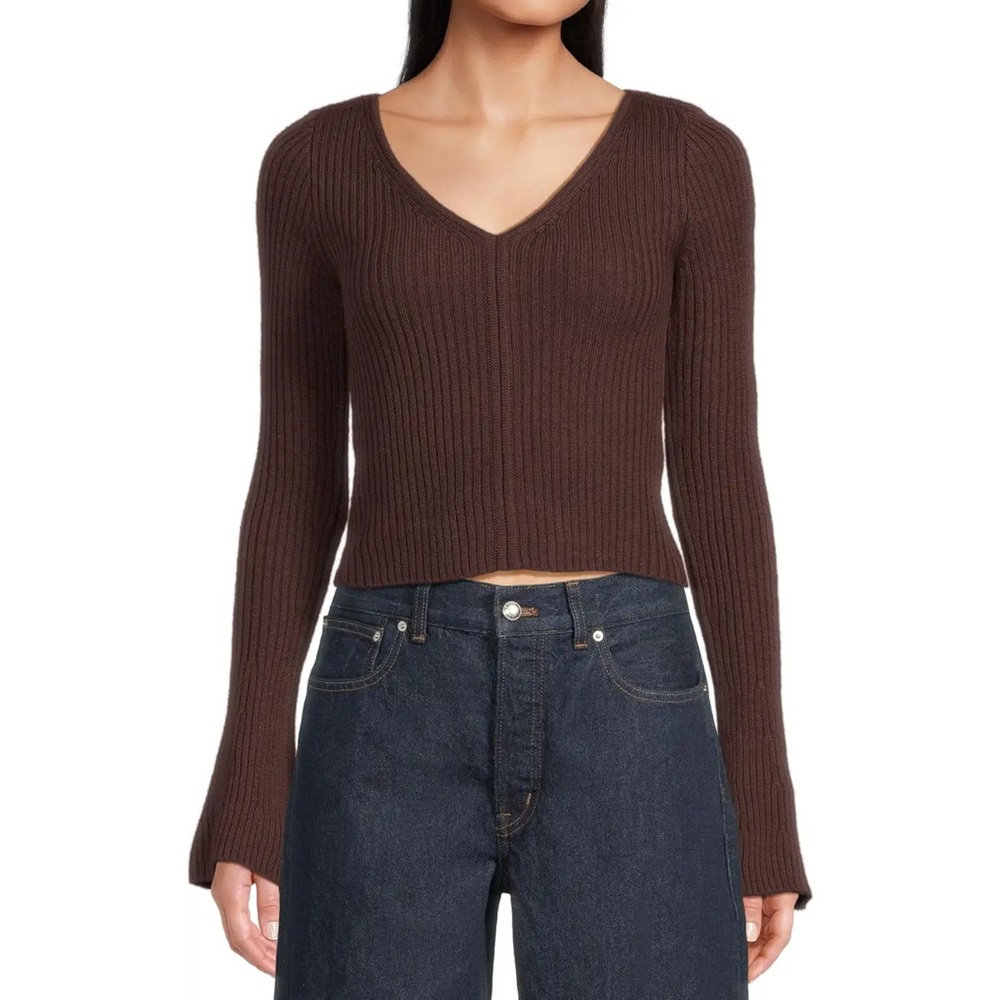 NWT Madewell Ribbed V-Neck Sweater Top in Merino Wool (Color: Chocolate Raisin)